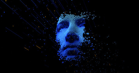 Abstract digital human face.  Artificial intelligence concept of big data or cyber security. 3D rendering
