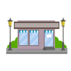 Small shop or Store. Food trade and coffee shop. Town and city. Element of urban landscape. Facade of the house with showcase. Cartoon flat illustration