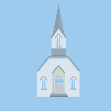 Catholic Church with a spire and a blue roof. Stained glass Windows and Windows. Religious structure. Element of the urban cityscape. European landmark - Cartoon flat illustration