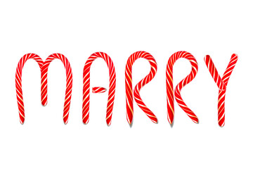 Letter MARRY created from red Candy Cane. Decorations text MARRY Isolated On white background and copy space, top view