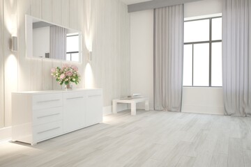 Fototapeta na wymiar modern empty room with mirror and flowers interior design. 3D illustration