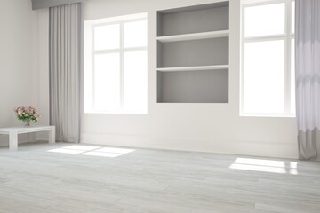 Fototapeta premium modern empty room with table and flowers interior design. 3D illustration