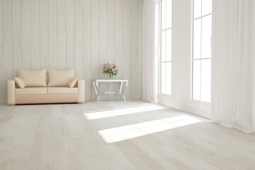 modern room with sofa and table with flowers interior design. 3D illustration