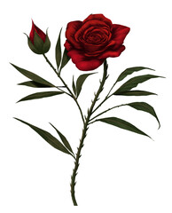 Obraz premium Red rose tattoo vintage style realistic . the leaves and thorns are deep green color and the rose are blood red color . Greetings card or printing pattern . On white background.