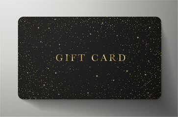 Gift card with twinkling stars and sparkling elements on back background. Template useful for any design, shopping card (loyalty card), voucher or gift coupon