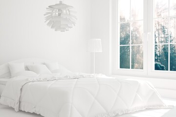 modern white bedroom with natural landscape interior design. 3D illustration
