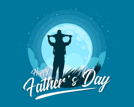 Happy father's day banner with Silhouette son is riding his father is neck at blue full moon night time vector design
