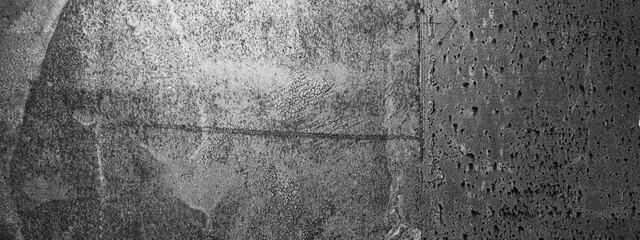 Empty rusty black and white corrosion and oxidized background, panorama, banner. Grunge rusted...