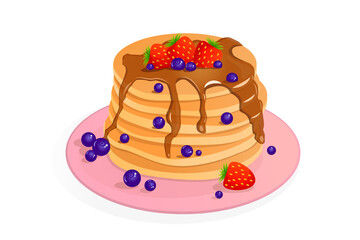 Pancakes with blueberries and strawberries with chocolate. Vector illustration of pancakes on a white background. Flat design style.