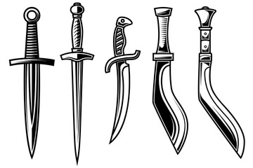 Set of illustration of daggers in engraving style. Design element for logo, label, emblem, sign. Vector illustration