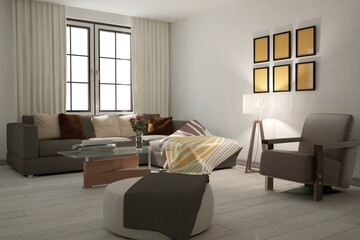 modern living room with sofa,table,armchair and bench interior design. 3D illustration