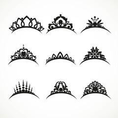 Set of silhouettes of tiaras of various shapes with flowers and hearts  on a white background © Azuzl
