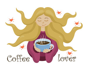 Happy smiling girl with fair hair enjoys her cup of coffee. 
Illustration of a cute coffee lover girl. 