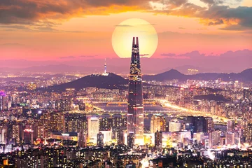 Fotobehang Seoel Zonsondergang van Seoul City en Seoul Tower Zuid-Korea