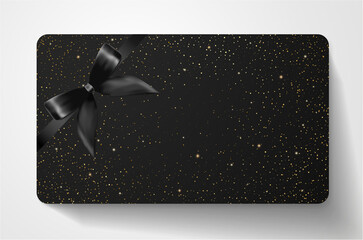 Gift card with twinkling stars, sparkling elements and bow (ribbon) on back background. Template useful for holiday design, shopping card (loyalty card), voucher or gift coupon