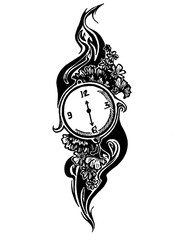 Illustration of a clock with ornament and flowers tattoo design