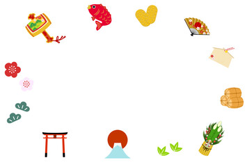 正月飾り：打ち出の小槌や鯛などのアイコンセットのベクターイラスト