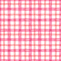 Watercolor pink plaid seamless pattern. Hand drawn pastel pink stripes and squares on white background. Buffalo checker repeat print for design. Farmhouse country style. Gingham blanket illustration