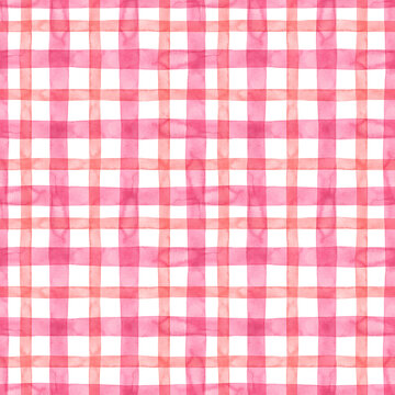 Watercolor pink plaid seamless pattern. Hand drawn pastel pink stripes and squares on white background. Buffalo checker repeat print for design. Farmhouse country style. Gingham blanket illustration