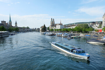 jun 16, Zurich, Switzerland. Panoramic view of historic Zurich city center. The boat in river...