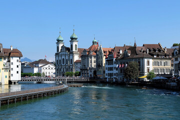 Fototapeta premium Jun 2016, Lucerne, Switzerland. Panoramic view of Lucerne city. Canal and buildings.