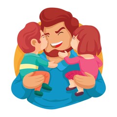 Best dad ever. happy fathers day. son and daughter kissing her daddy vector illustration