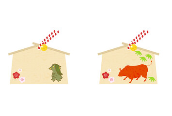 絵馬：願い事を書くスペースのあいたアマビエと丑の絵馬のベクターイラスト