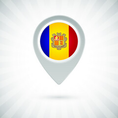 Shiny map pin with flag of Andorra country. Abstract map marker with flag over classic background