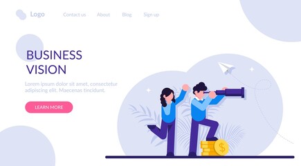 Business vision concept. Businessman and businesswoman look into a prosperous future with a telescope. Money stack. Modern flat illustration.