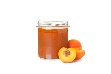 Glass jar with apricot jam isolated on white background