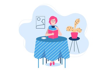 People reading poses vector illustration. Cartoon flat woman student character sitting by window, studying and preparing for examination. Literature lover, fan books, home schooling isolated on white