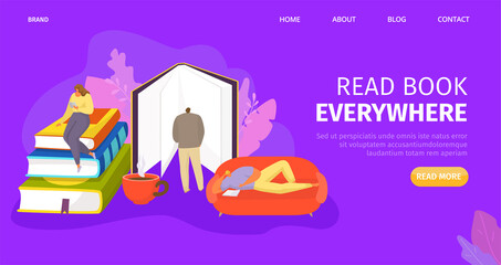 Obraz premium People read book everywhere, vector illustration. Education and leisure concept, man woman character read flat literature. Happy cartoon group on couch, tea cup and large stack book.