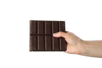 Female hand holding chocolate bar, isolated on white background