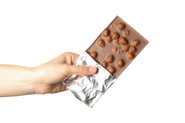 Female hand holding chocolate bar, isolated on white background