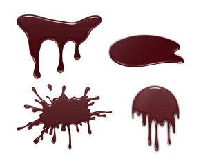 Set of Melted chocolate syrup leaking on white background.