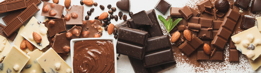 Chocolate, melted chocolate, coffee and almond on white background