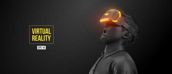VR headset, technology. 3d of the man, wearing virtual reality glasses on black background. VR games. Vector. You will also find a original jpeg for this image in my portfolio. Thanks for watching