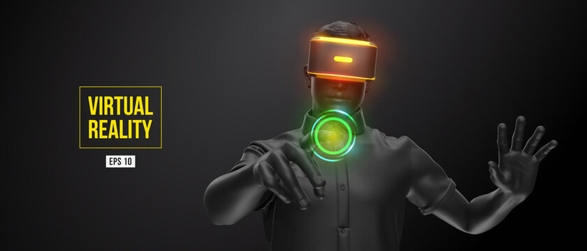 VR headset, technology. 3d of the man, wearing virtual reality glasses on black background. VR games. Vector. You will also find a original jpeg for this image in my portfolio. Thanks for watching