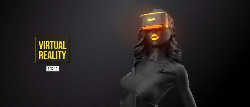 VR headset, online shopping. Woman, wearing virtual reality glasses on black background. Woman buys a goods in one click. Vector. You will also find a original jpeg for this image in my portfolio