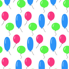 Seamless pattern with colorful balloons on white board. Green, blue and pink colors. Beautiful print for textile, greeting cards, wrapping paper and design. Celebration spirit. Jpg file