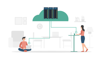 Men and women utilize cloud hosting server cluster to maintain website performance modern flat cartoon style.