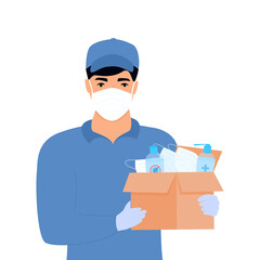 COVID-19. Humanitarian aid. Supply of medical protective masks and disinfectants. Coronavirus epidemic. Delivery man delivering parcel