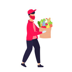 COVID-19. Coronavirus epidemic. Safe food delivery. The courier in a protective mask brought food.