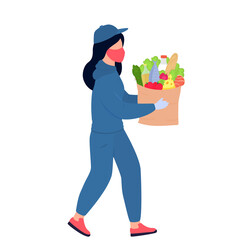 COVID-19. Coronavirus epidemic. Safe food delivery. The courier girl in a protective mask brought food