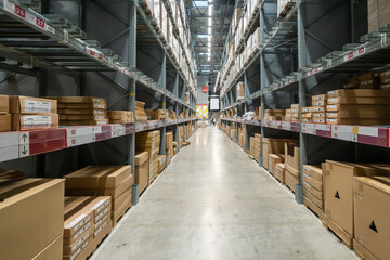 Goods on shelves of distribution center warehouse