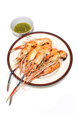 Grilled Shrimps on plate with Thai Seafoods Dipping Sauce.