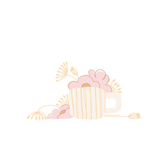 A cup filled with flowers. Cute illustration with ceramics. Wildflowers and herbs. Modern tea ware. Still life with flora.