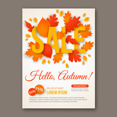 Fototapeta na wymiar Autumn Sale flyer design with colorful paper cut leaves. Vector illustration. Place for text message. Business event concept. Sale banner design for web site.