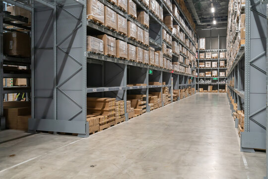 Goods on shelves of distribution center warehouse