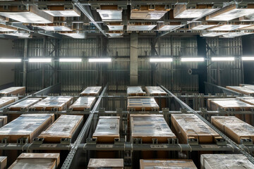 Goods on shelves of distribution center warehouse
